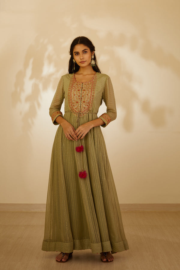 Neutral Green Anarkali Set.