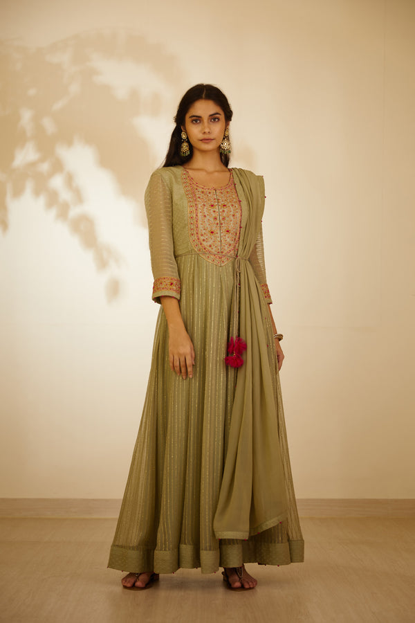 Neutral Green Anarkali Set.