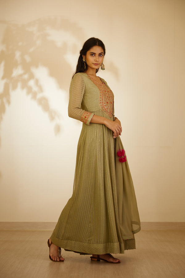 Neutral Green Anarkali Set.