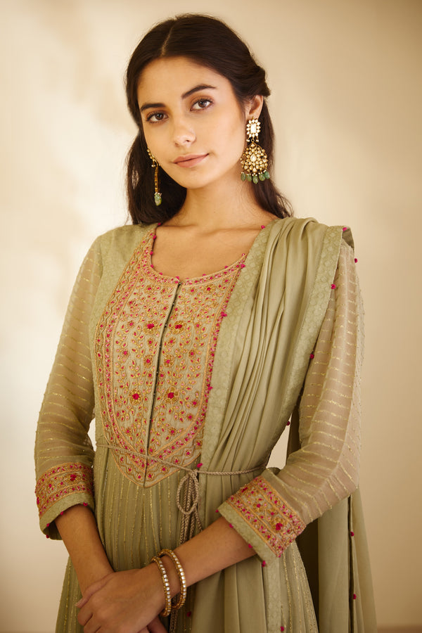 Neutral Green Anarkali Set.