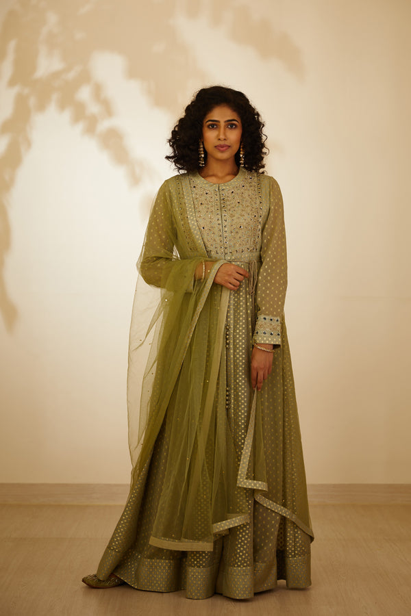 Neutral Green Anarkali Set.