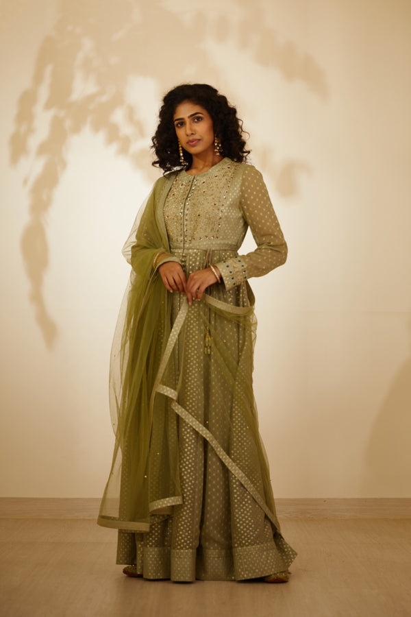 Neutral Green Anarkali Set.