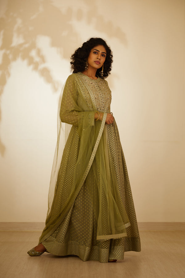 Neutral Green Anarkali Set.