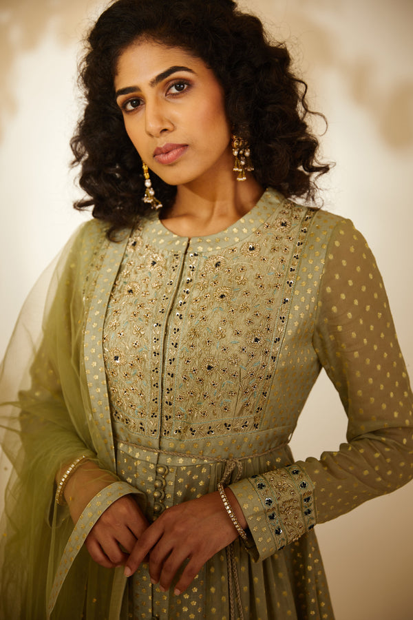 Neutral Green Anarkali Set.