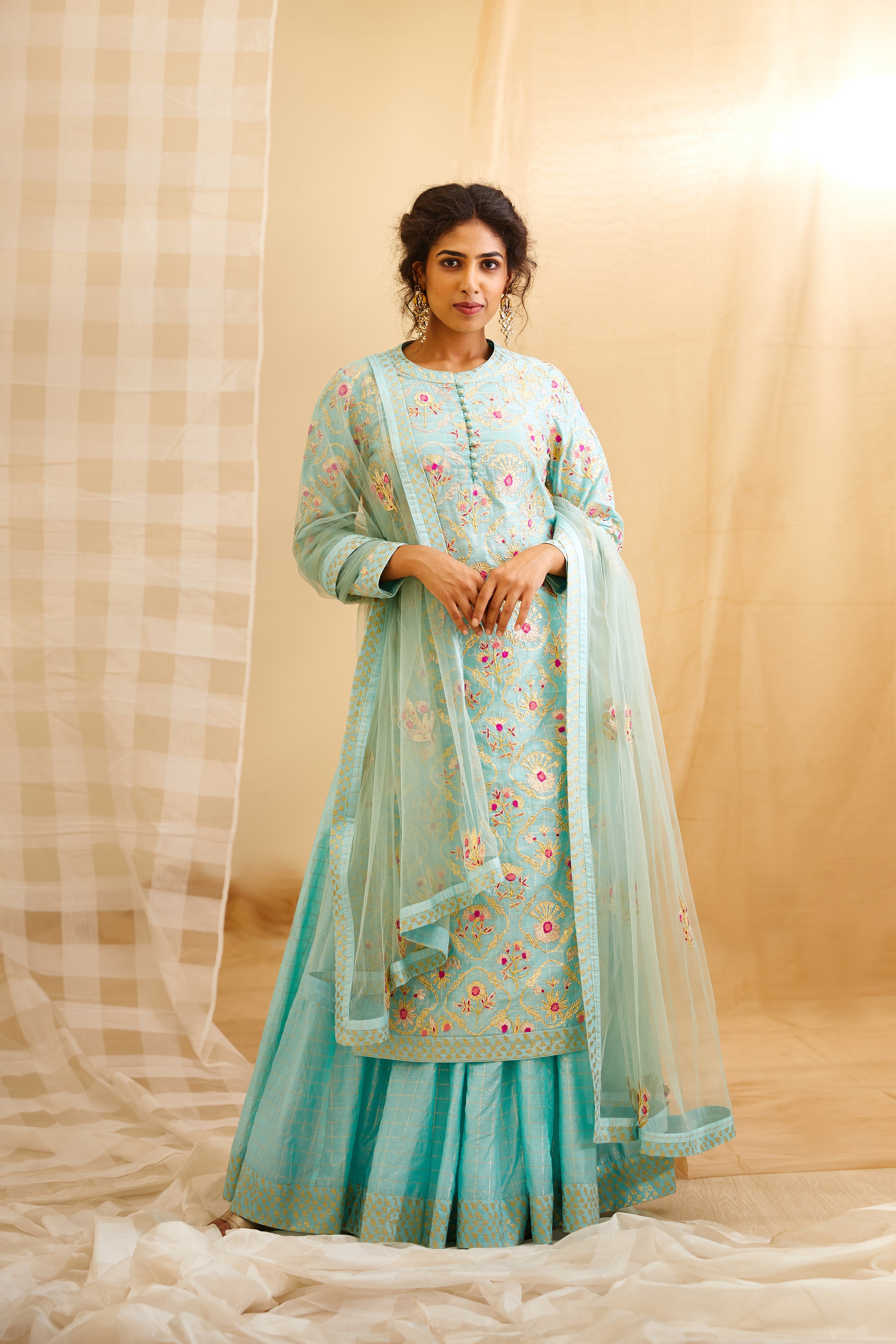 Ishin Women's Silk Blend Embroidered Kurta Skirt Dupatta Set - Teal Blue A-Line Traditional Outfit - Party & Festive Wear - Size Large