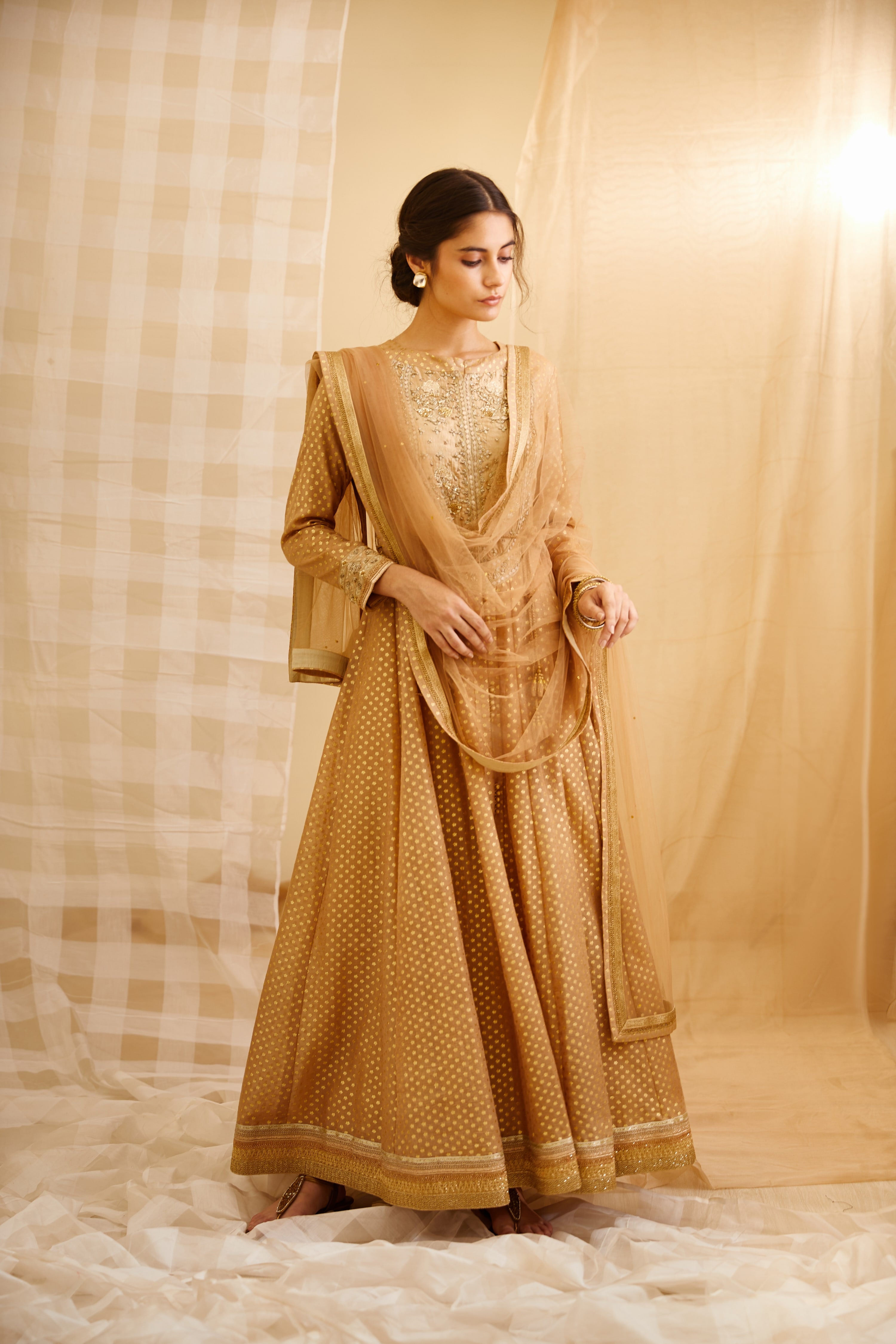 gold colour anarkali dress Golden Orange Gotapatti Anarkali Set