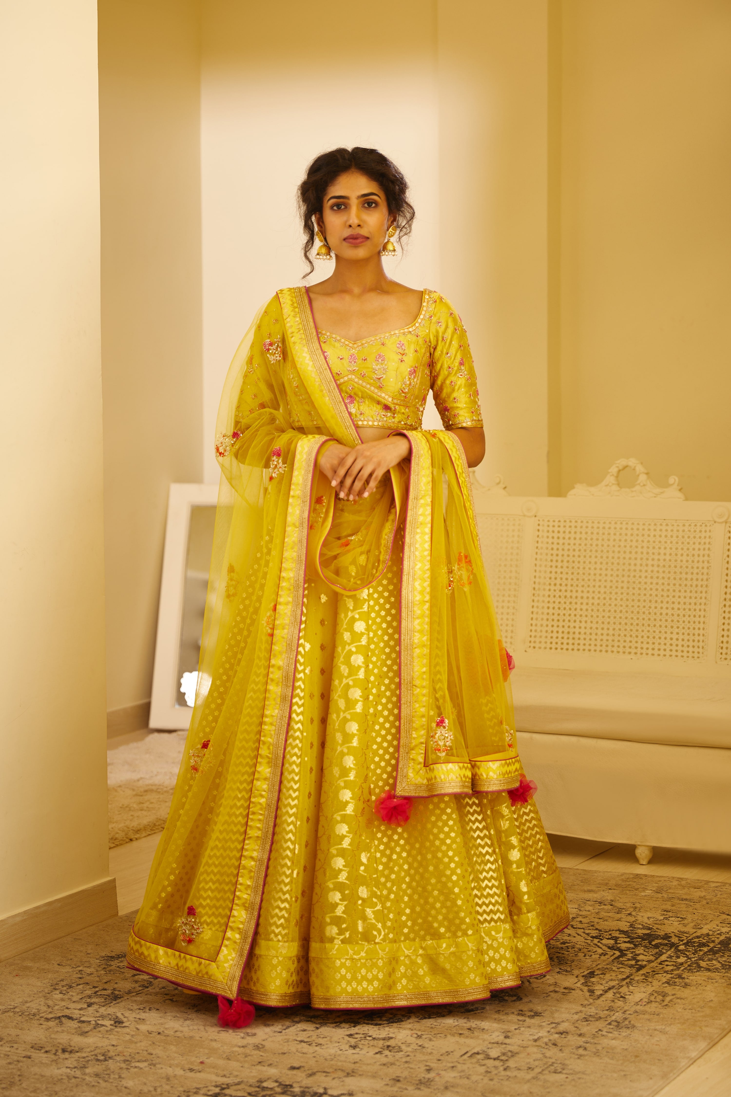 Engagement, Reception, Wedding Yellow color Net fabric Lehenga : 1914358