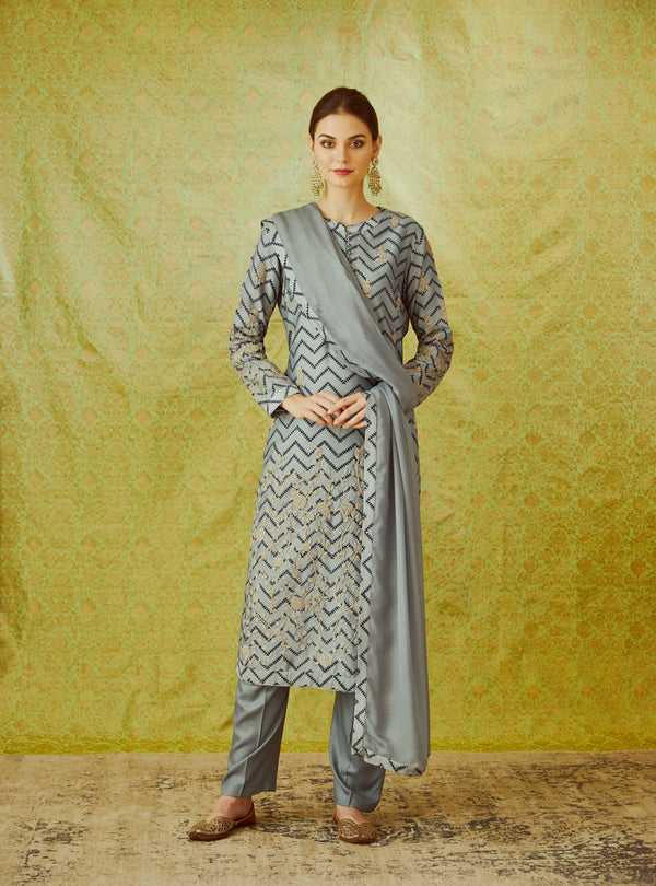 Grey Blue Kurta Set.