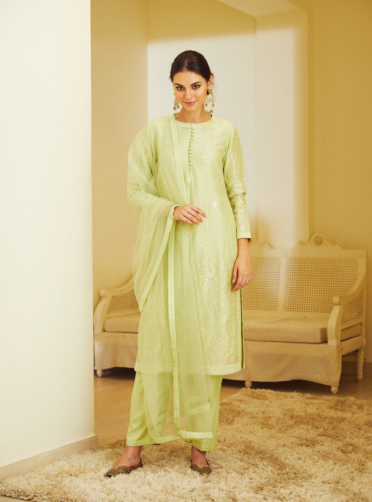 Light Green Kashmiri Embroidered Designer Palazzo Suit