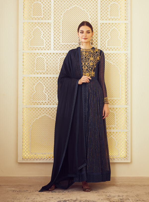 Navy Blue Anarkali Set.