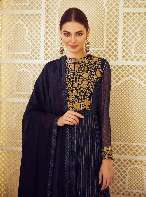 Navy Blue Anarkali Set.