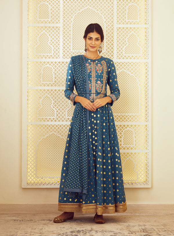 Teal Blue Anarkali Set.