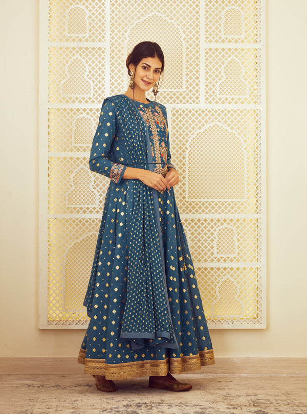 Teal Blue Anarkali Set.