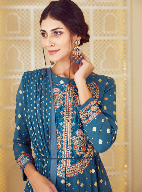 Teal Blue Anarkali Set.