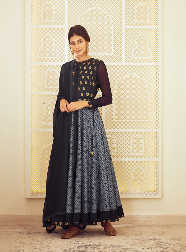 Navy Blue Anarkali Set.