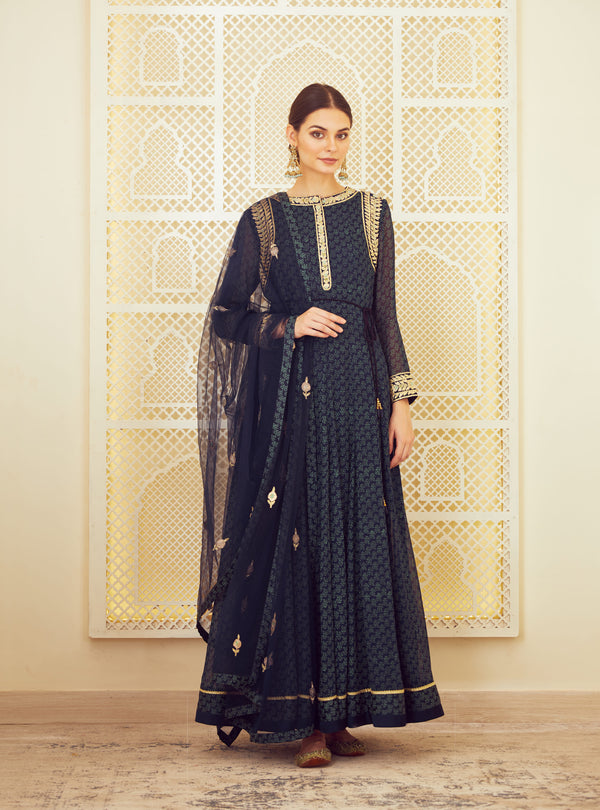 Navy Blue Anarkali Set.