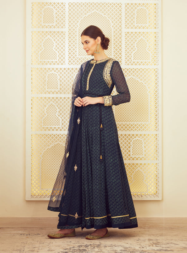 Navy Blue Anarkali Set.