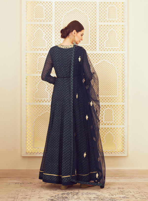 Navy Blue Anarkali Set.