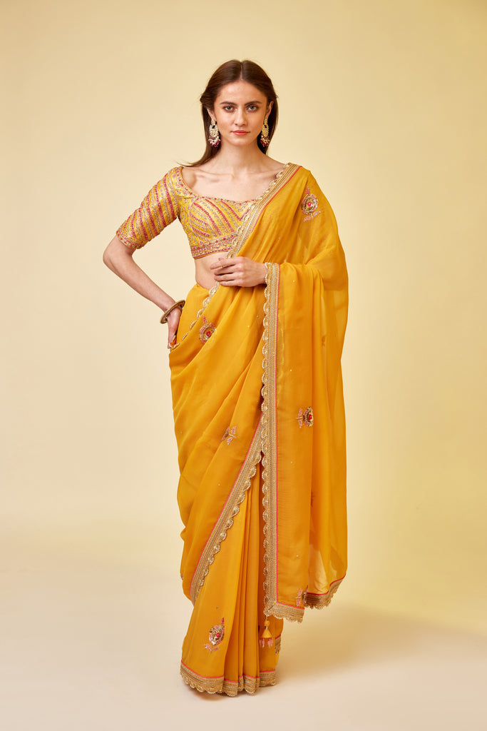 Shop Yellow Embroidered Half N Half Saree Festive Wear Online at Best Price  | Cbazaar