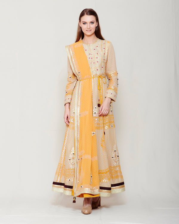 BEIGE ORANGE BLOCK PRINTED GOTA ANARKALI