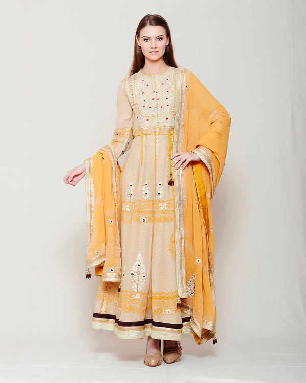 BEIGE ORANGE BLOCK PRINTED GOTA ANARKALI