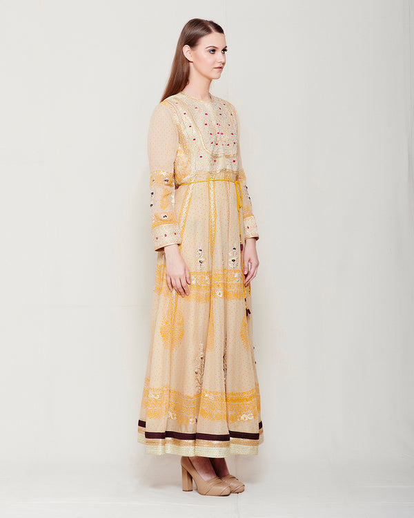 BEIGE ORANGE BLOCK PRINTED GOTA ANARKALI