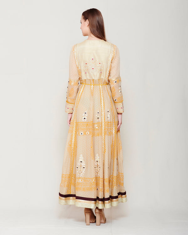 BEIGE ORANGE BLOCK PRINTED GOTA ANARKALI