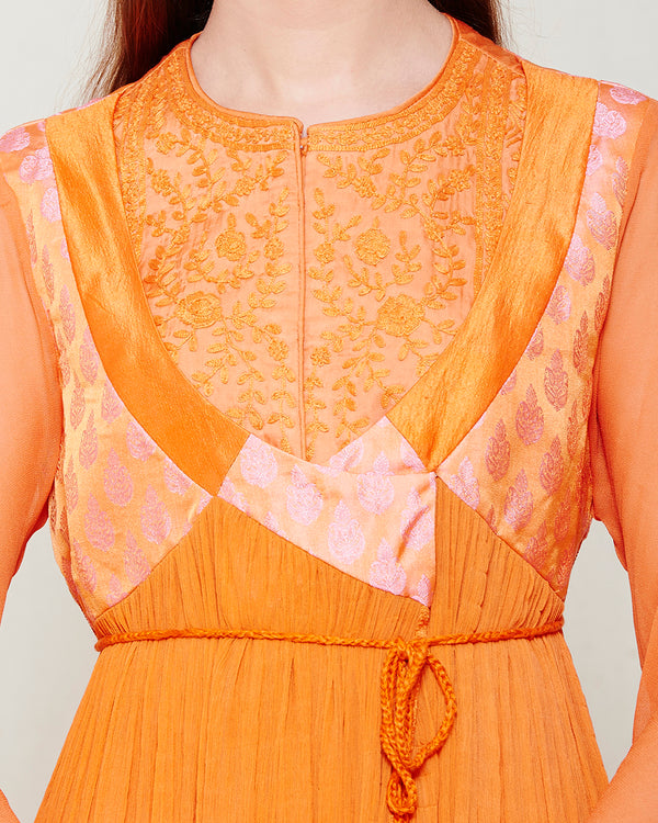 SUNSET ORANGE CHIFFON FRONT OPEN ANGRAKHA WITH TOP AND TROUSER