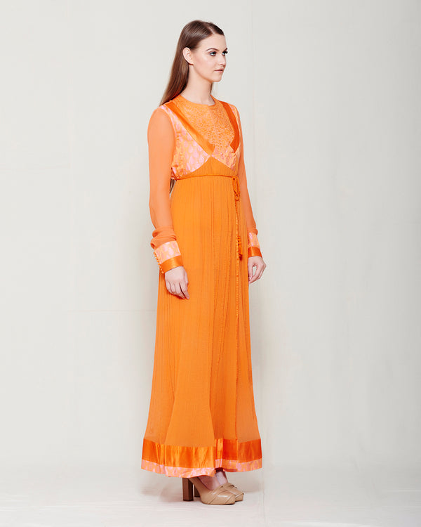 SUNSET ORANGE CHIFFON FRONT OPEN ANGRAKHA WITH TOP AND TROUSER