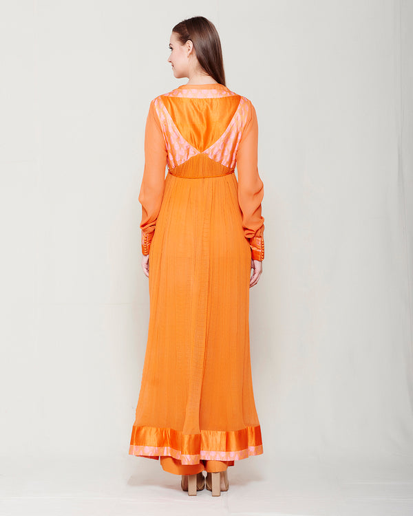 SUNSET ORANGE CHIFFON FRONT OPEN ANGRAKHA WITH TOP AND TROUSER