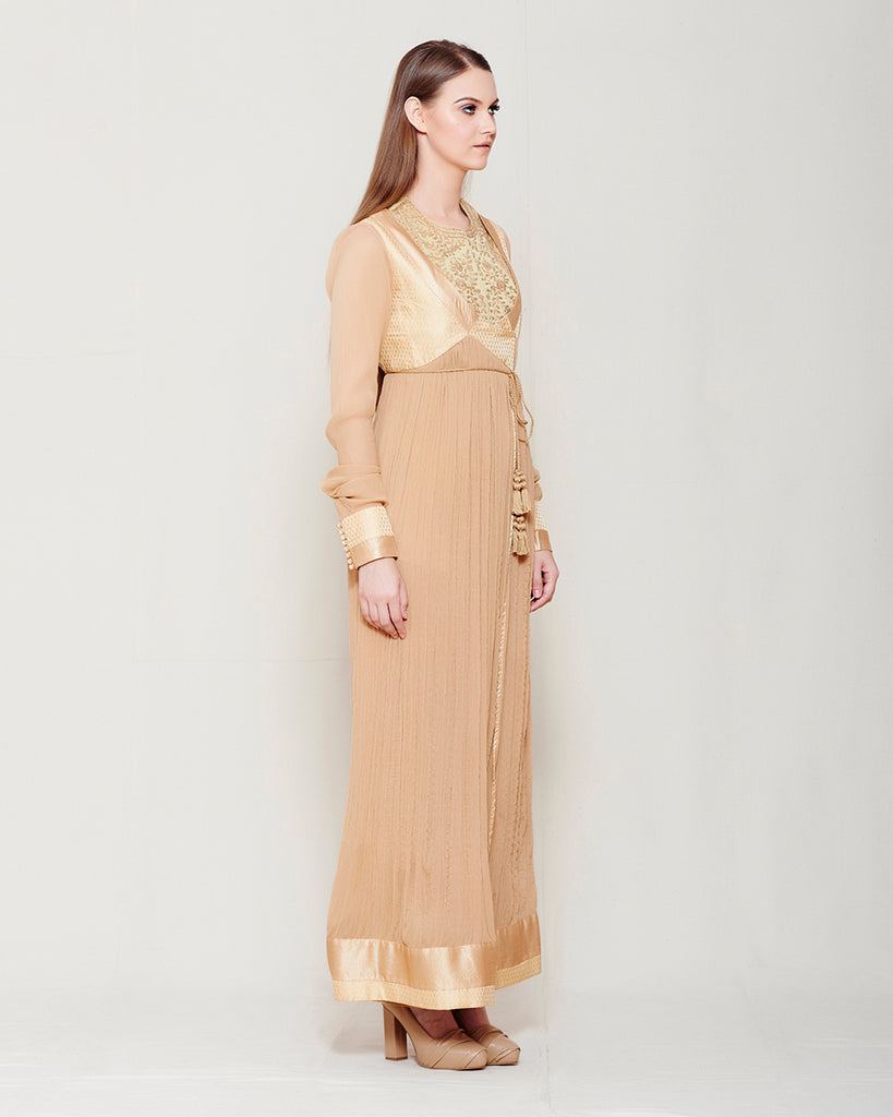 BEIGE CHIFFON FRONT OPEN ANGRAKHA WITH TOP AND TROUSER