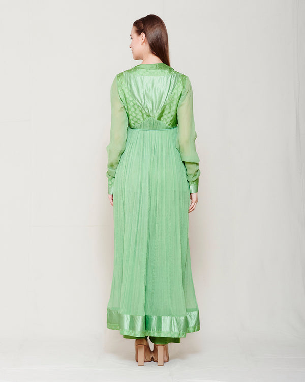 MINT GREEN CHIFFON FRONT OPEN ANGRAKHA WITH TOP AND TROUSER