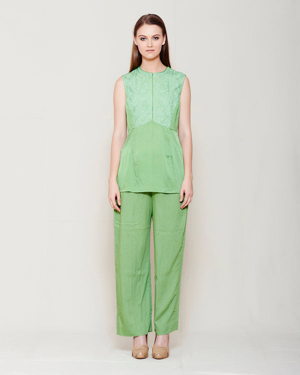 MINT GREEN CHIFFON FRONT OPEN ANGRAKHA WITH TOP AND TROUSER