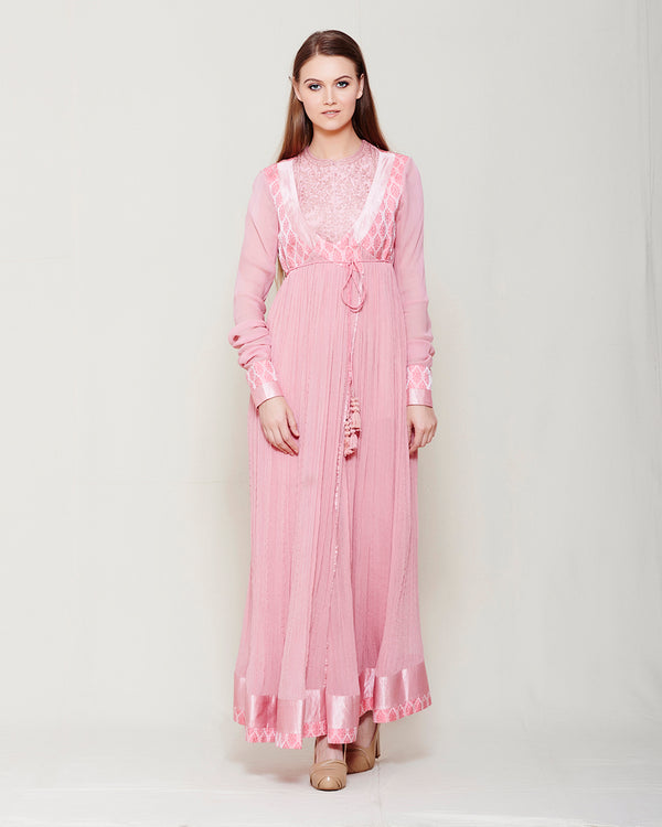 POWDER PINK CHIFFON FRONT OPEN ANGRAKHA WITH TOP AND TROUSER