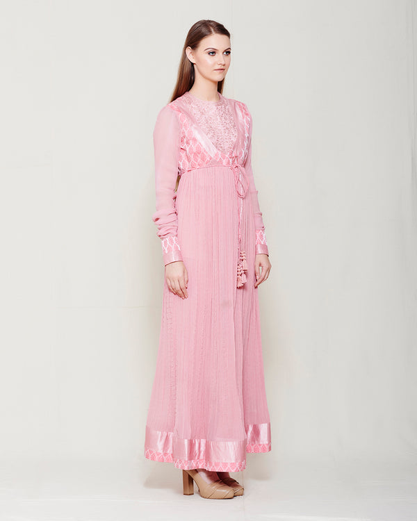 POWDER PINK CHIFFON FRONT OPEN ANGRAKHA WITH TOP AND TROUSER