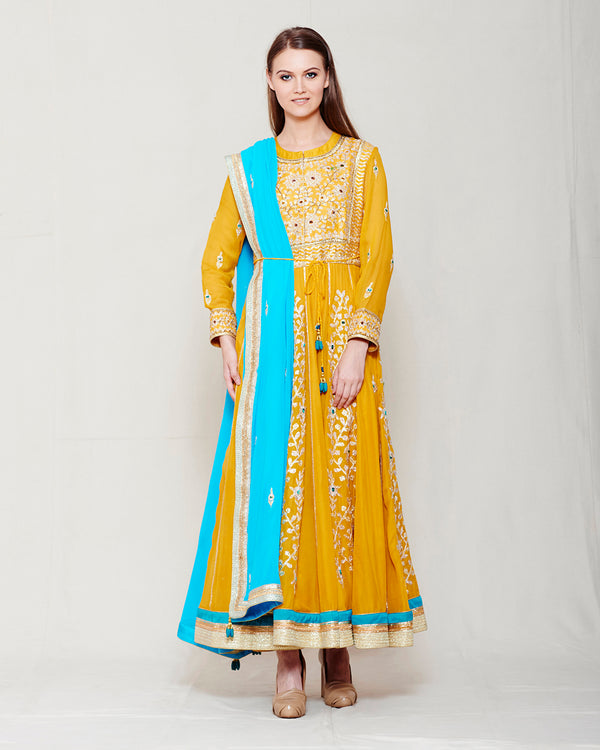 MUSTARD YELLOW BLUE GOTA EMBROIDERED ANARKALI