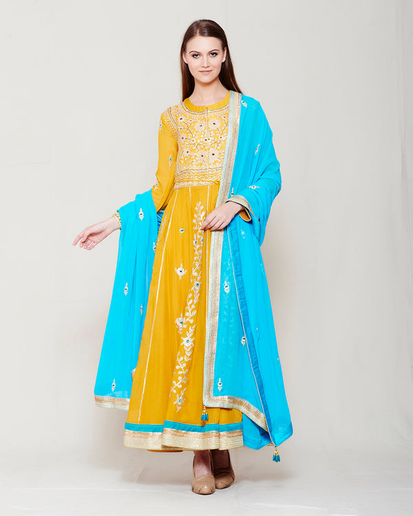 MUSTARD YELLOW BLUE GOTA EMBROIDERED ANARKALI