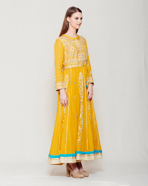 MUSTARD YELLOW BLUE GOTA EMBROIDERED ANARKALI