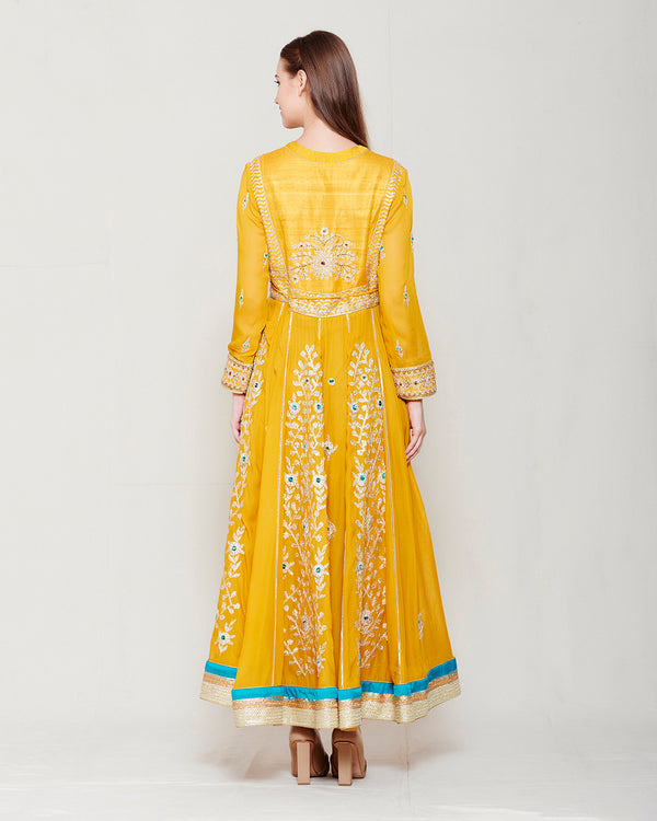 MUSTARD YELLOW BLUE GOTA EMBROIDERED ANARKALI