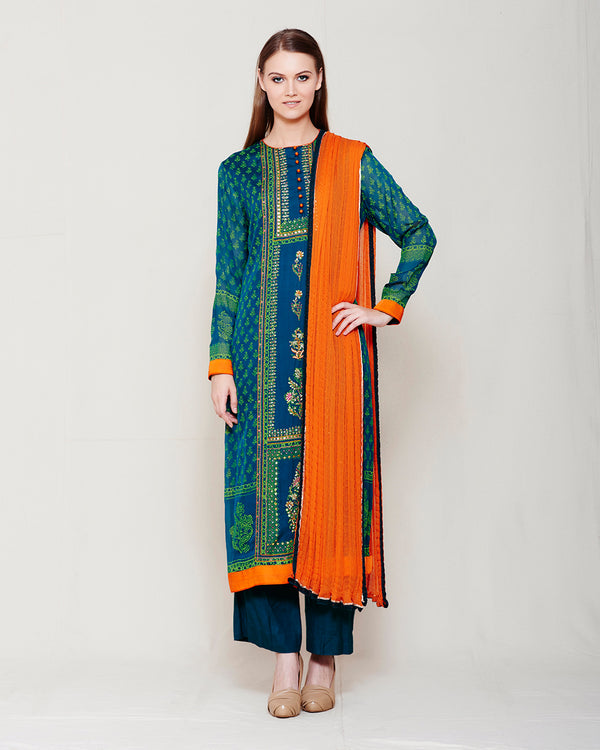 DARK GREEN ORANGE BLOCK PRINTED ANARKALI WITH ZARDOZI THREAD WORK