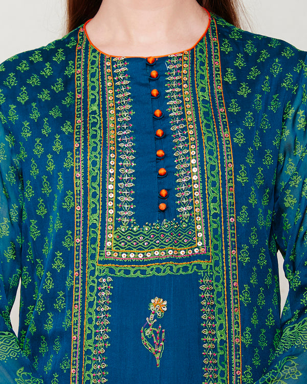 DARK GREEN ORANGE BLOCK PRINTED ANARKALI WITH ZARDOZI THREAD WORK