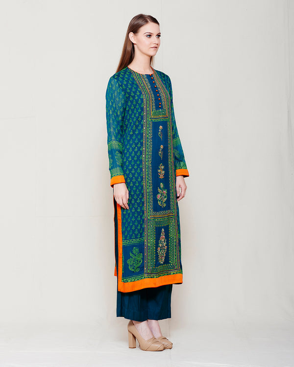 DARK GREEN ORANGE BLOCK PRINTED ANARKALI WITH ZARDOZI THREAD WORK