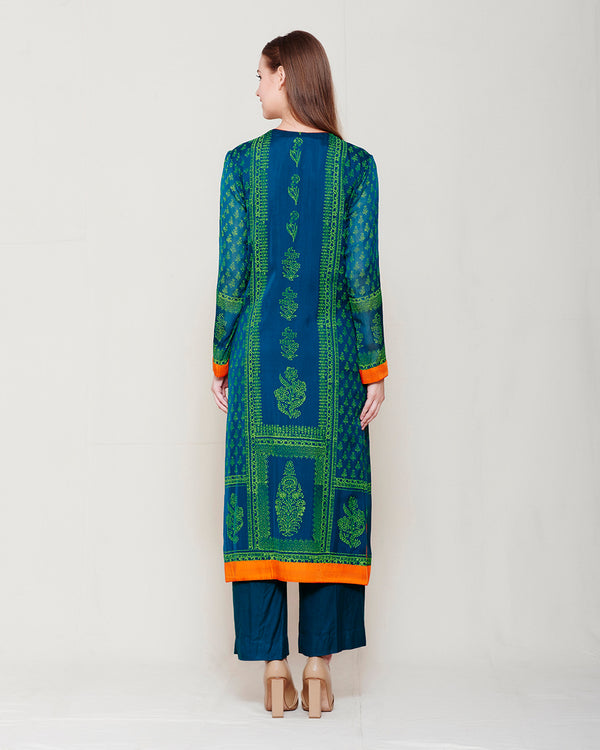 DARK GREEN ORANGE BLOCK PRINTED ANARKALI WITH ZARDOZI THREAD WORK