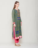 CARBON BLUE YELLOW BLOCK PRINTED ANARKALI WITH ZARDOZI THREAD WORK