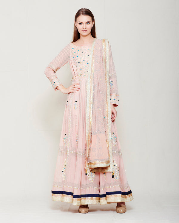 POWDER PINK BLOCK PRINTED GOTA EMBROIDERED ANARKALI