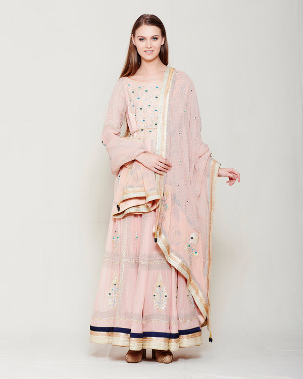 POWDER PINK BLOCK PRINTED GOTA EMBROIDERED ANARKALI