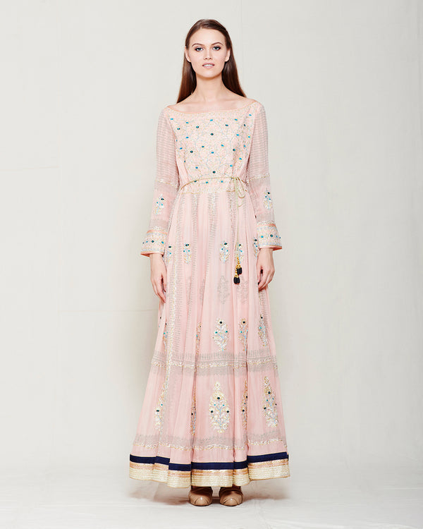 POWDER PINK BLOCK PRINTED GOTA EMBROIDERED ANARKALI