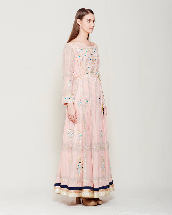 POWDER PINK BLOCK PRINTED GOTA EMBROIDERED ANARKALI