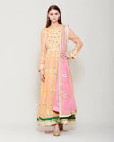 YELLOW PINK MULTI COLORED BLOCK PRINTED GOTA EMBROIDERED ANARKALI