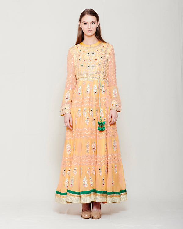 YELLOW PINK MULTI COLORED BLOCK PRINTED GOTA EMBROIDERED ANARKALI